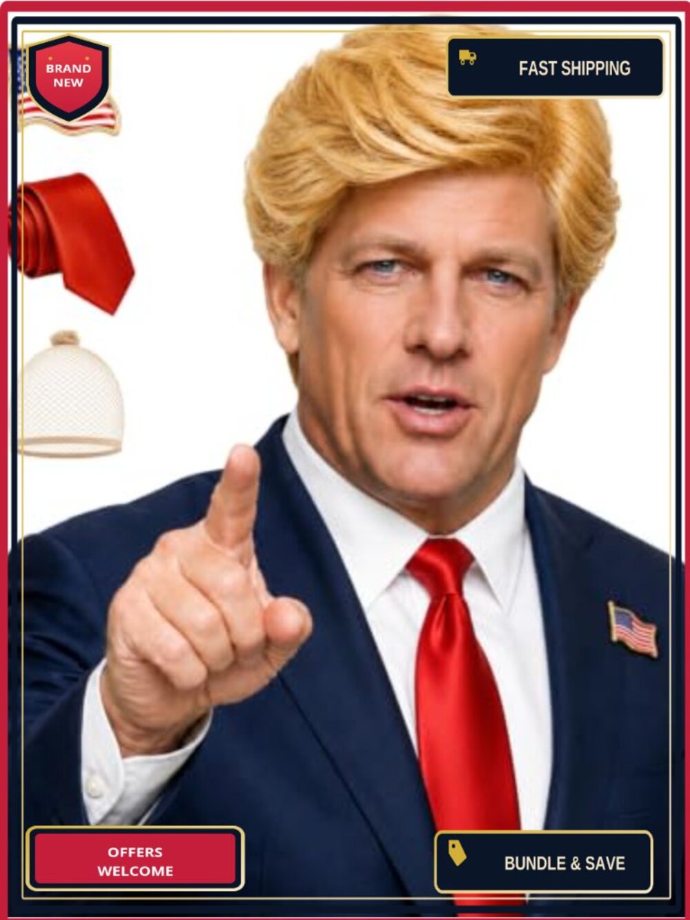 Men's Blonde President Costume Wig with Red Tie and Flag Pin